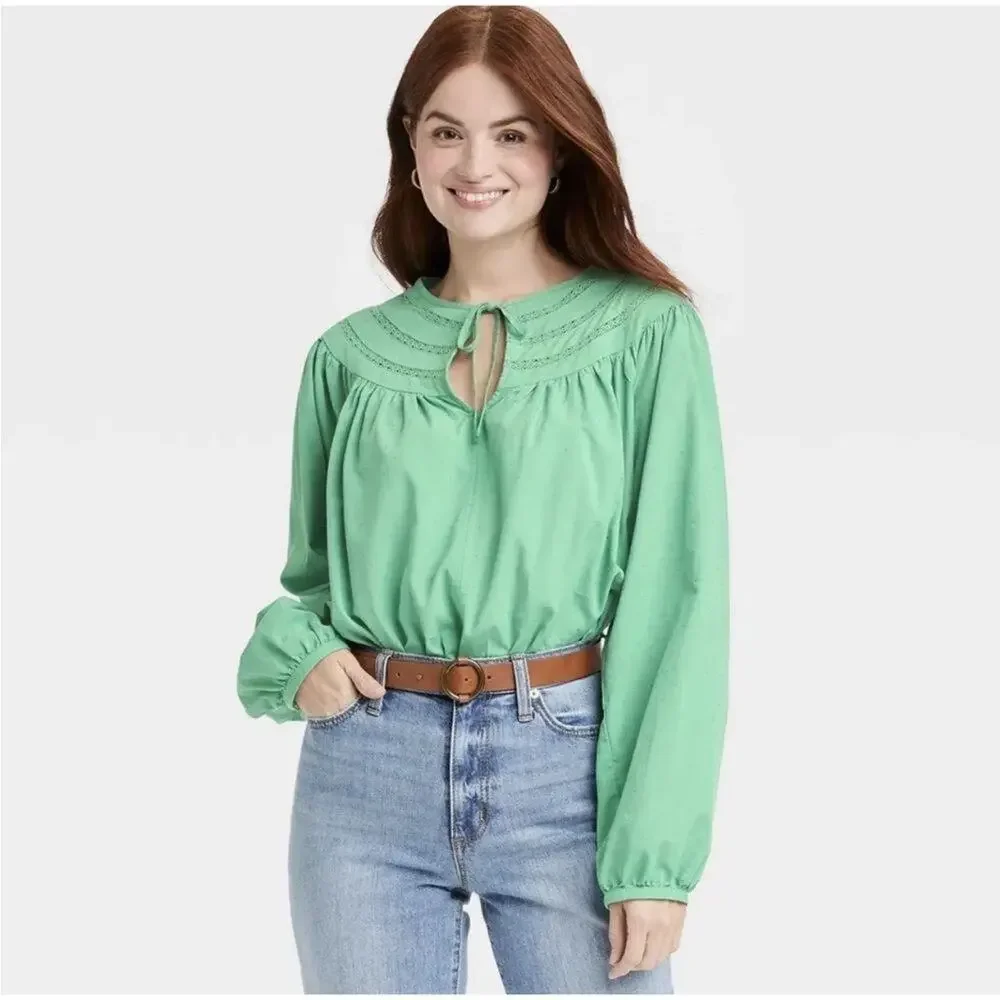 Universal Thread Blue Peasant Top Prairie Blouse Cottagecore Shirt Size M - Picture 7 of 10